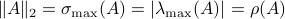 |A|_2=sigma_{mathrm{max}}(A)=|lambda_{mathrm{max}}(A)|=rho(A)